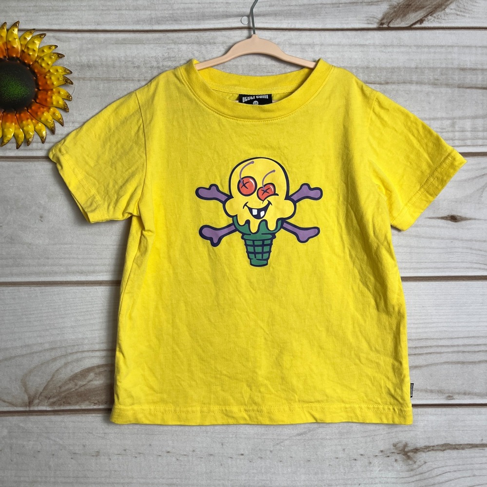 Icecream Boys Graphic T Shirt, Yellow Cotton Blend Tee with Skull, Size 5/6‎